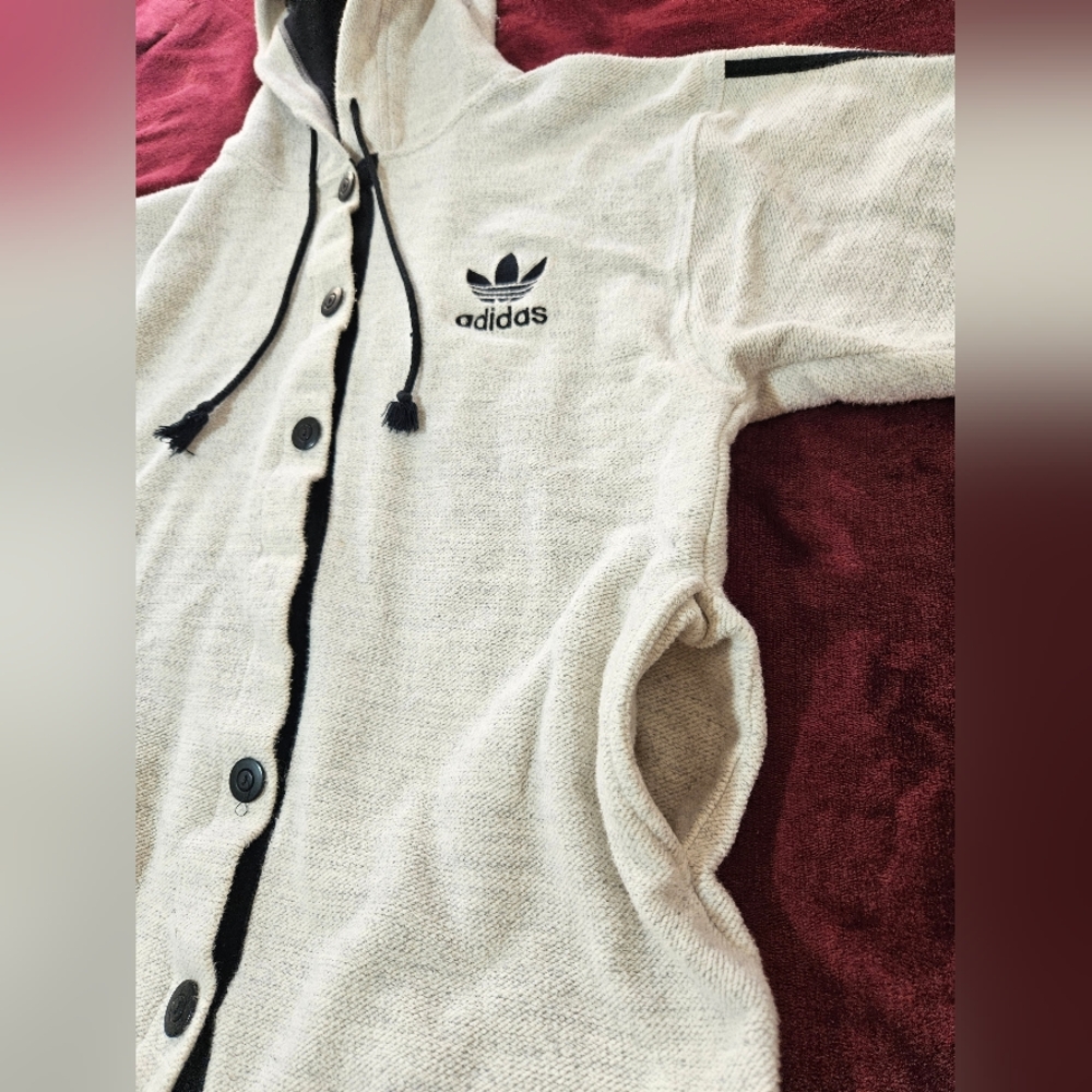 1990s Adidas Vintage Cardigan Hoodie Sweater Jacket Gray Button Up Mens M *Flaw - Picture 10 of 13